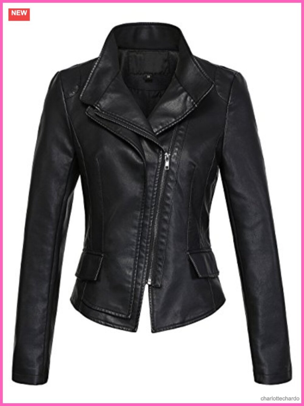 Faux Leather Moto Biker Jacket Oblique Zip Slim Fit Outerwear